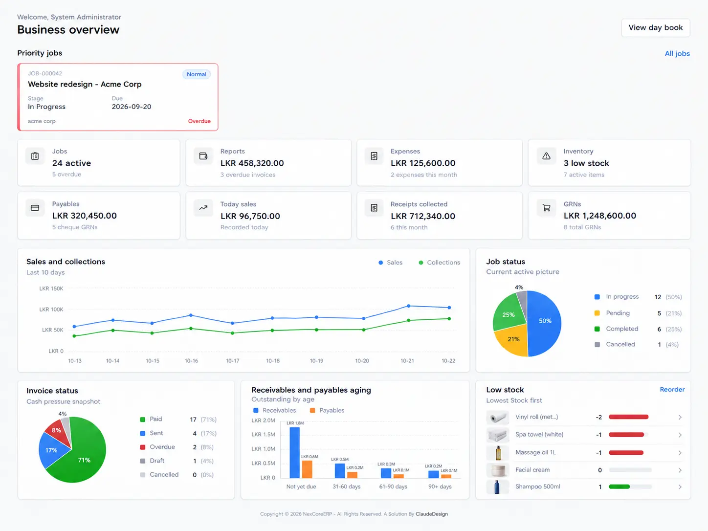 NexCoreERP business overview showing jobs, sales, receipts, expenses, inventory, receivables and reports