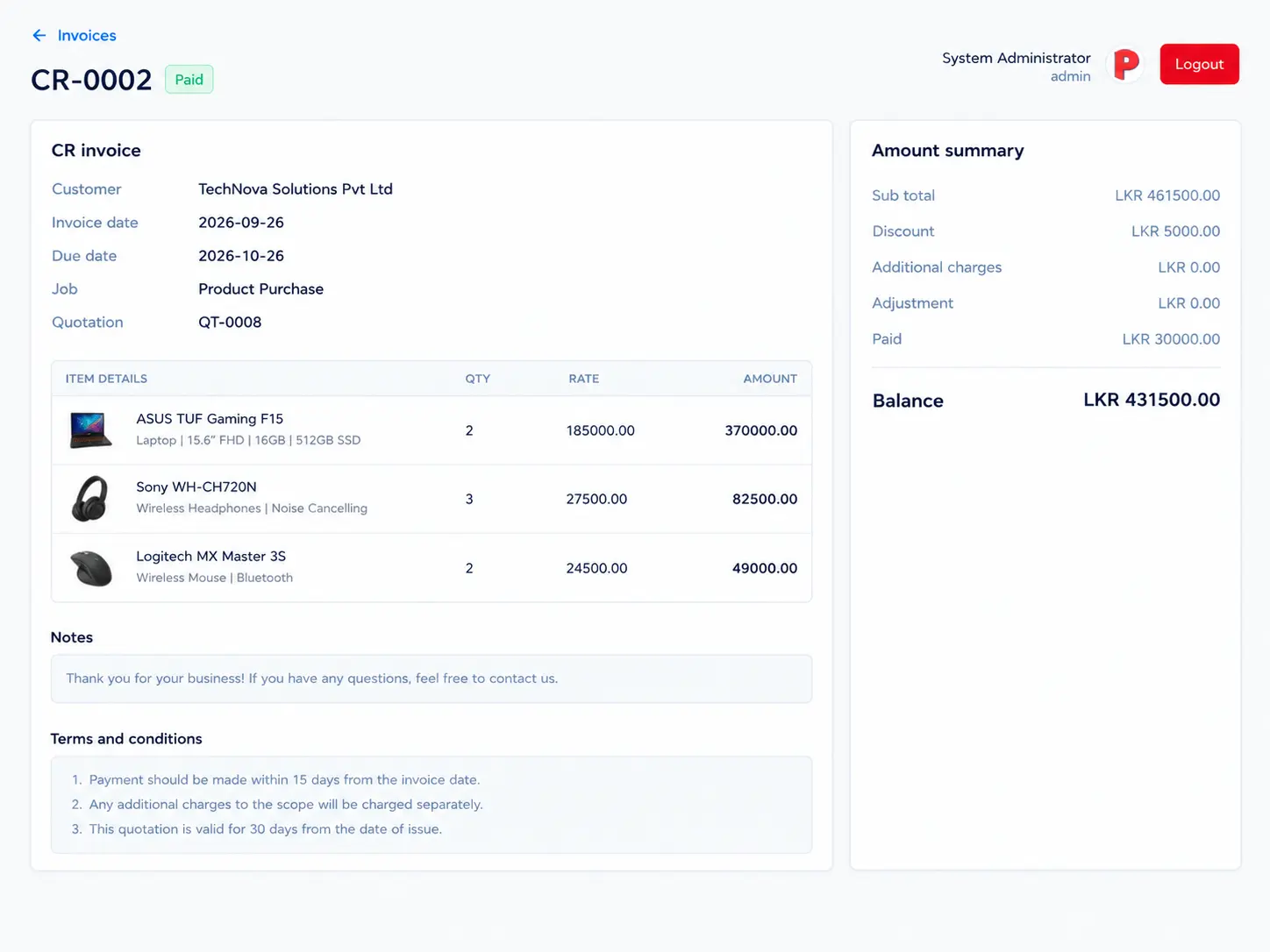 NexCoreERP customer invoice with linked quotation, item details and payment balance